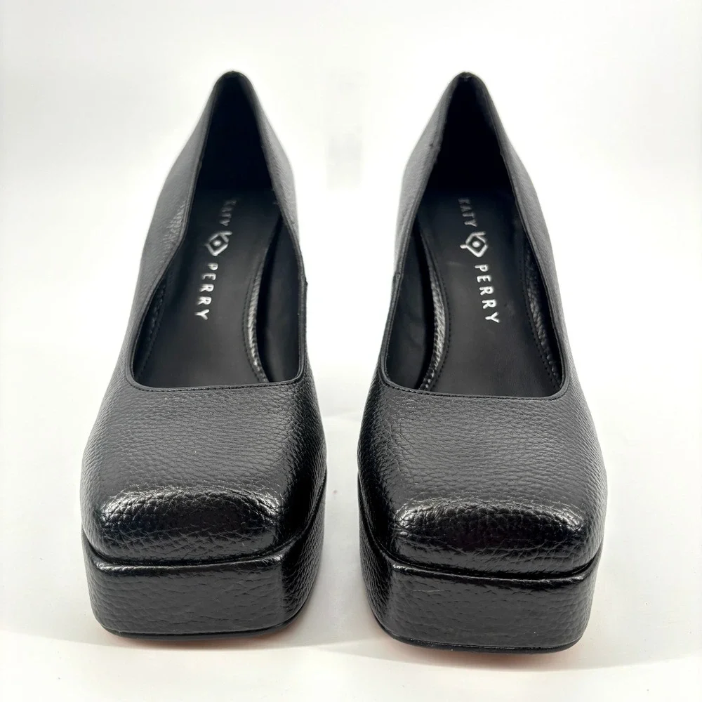 Katy‎ Perry Uplift Black Pebbled Square Toe Platform Block High Heel Pump 8.5M
